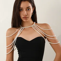 Fashionable multi-layer tassel retro style imitation pearl shoulder chain banquet charm women's body chain jewelry