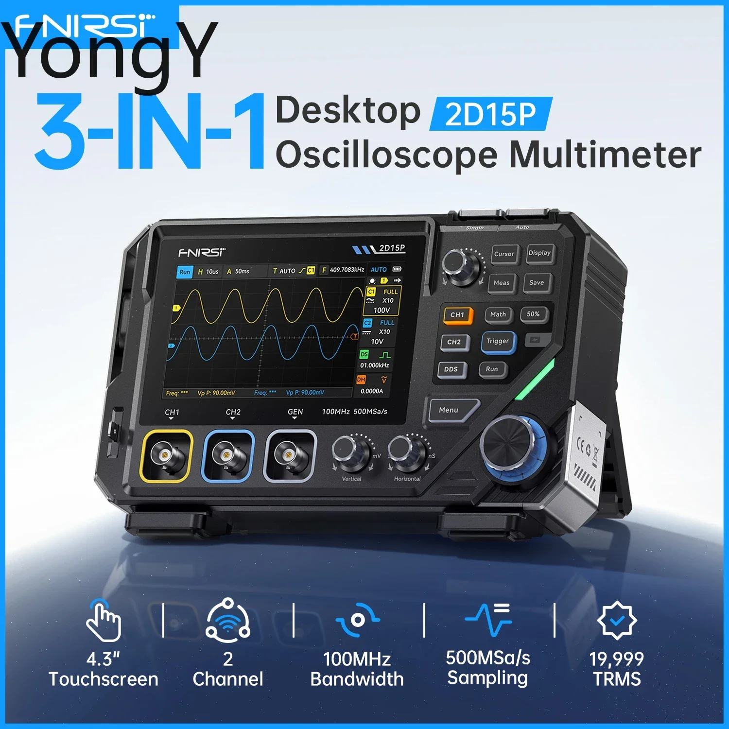 FNIRSI 2D15P Digital Oscilloscope Multimeter Signal Generator 3IN1 Touch Screen 2Channel 100MHz Bandwidth 500MSa/s 20000 Counts
