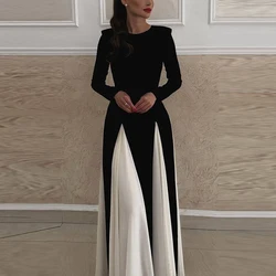 Elegant Color Blocked Pleated Robe Dress Fashion Women's O Neck Long Sleeved Party Dress 2024 Fall Casual High Waist Maxi Dress