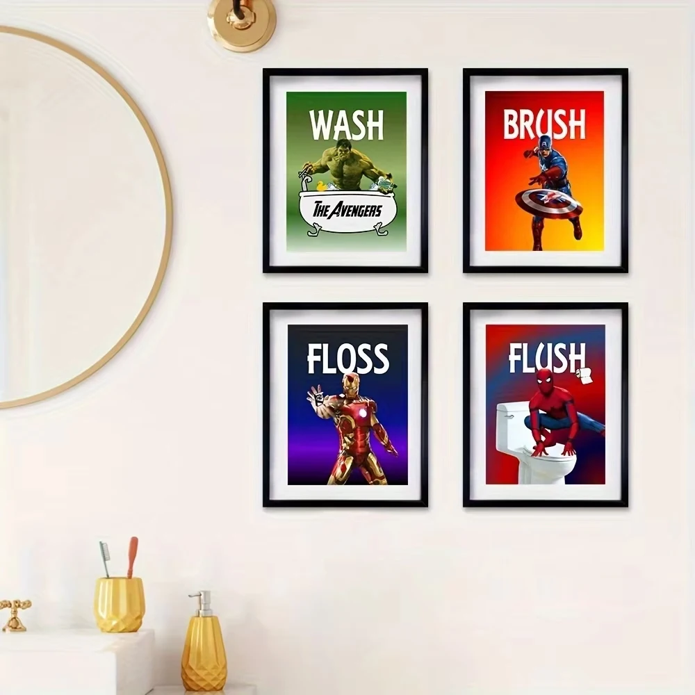 Canvas Painting Superheroes Bathroom Wall Art Prints Cartoon Spiderman Hulk Iron Man Wash Brush Floss Flush Quote Poster Canv