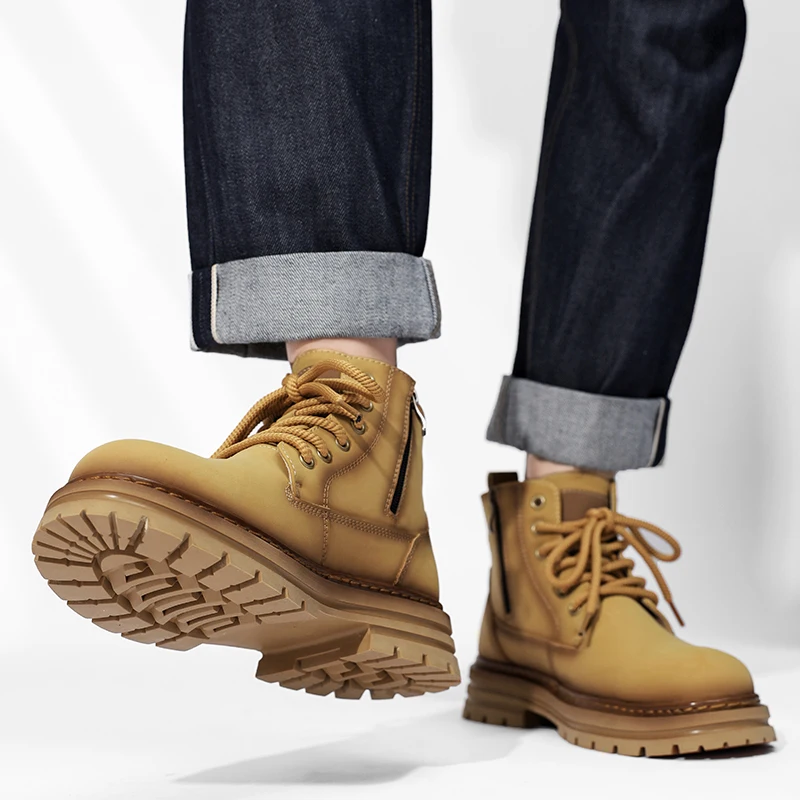 أحذية رجالية عالية الجودة، أحذية جلدية عتيقة عالية الجودة، أحذية رياضية عصرية للاستخدام الخارجي، أحذية كاحل مضادة للانزلاق برباط للرجال