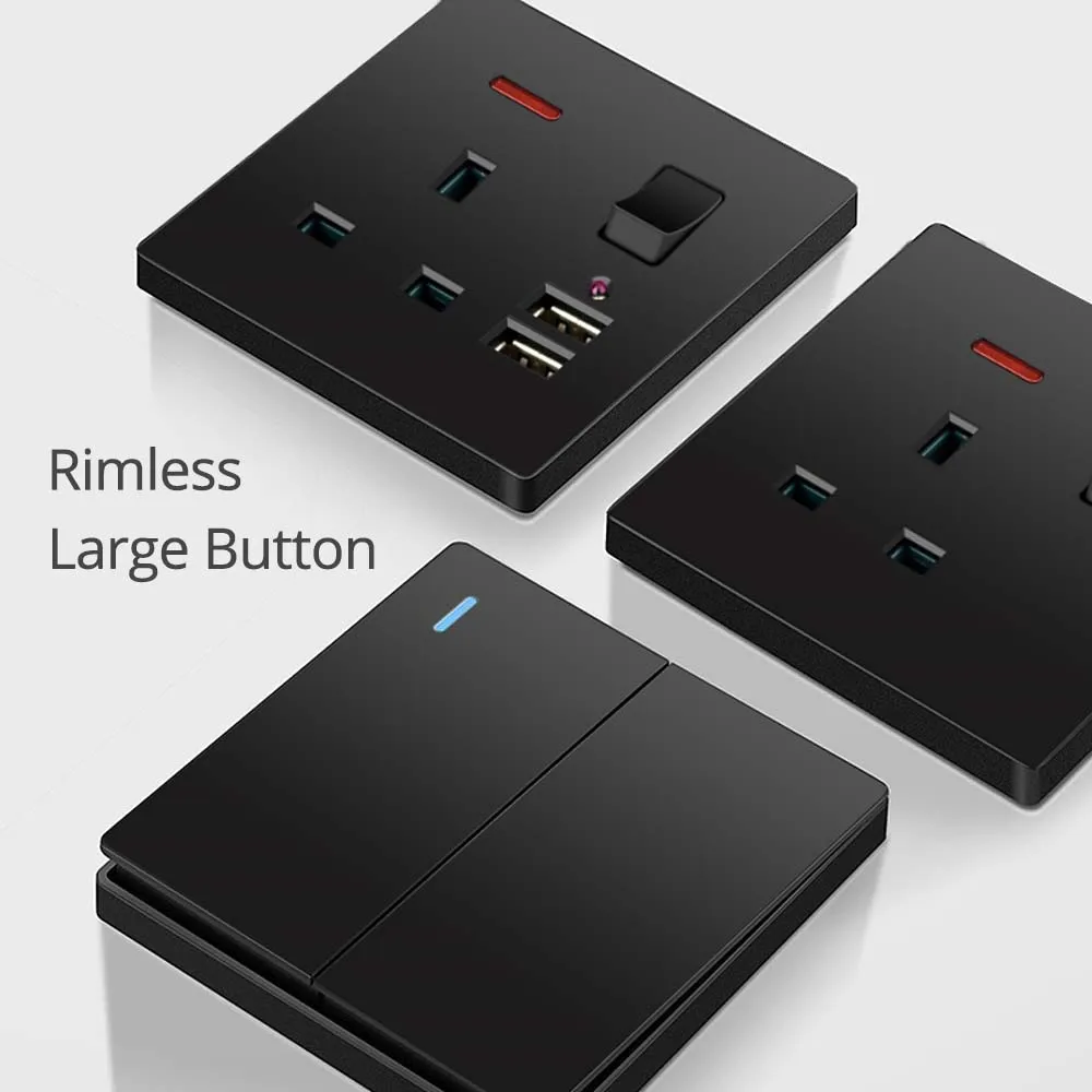 Wallpad Black Rimless Plastic Panel Large Button Switch With fluorescence EU UK Socket Type C USB Charge Port 5V 3.1A