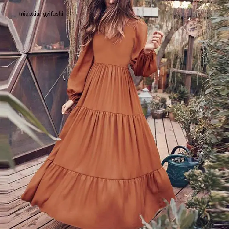 Mode musulmane Abaya femmes col en V robes en mousseline de soie décontractées à volants à manches longues femmes robes décontracté ample flux balançoire robes
