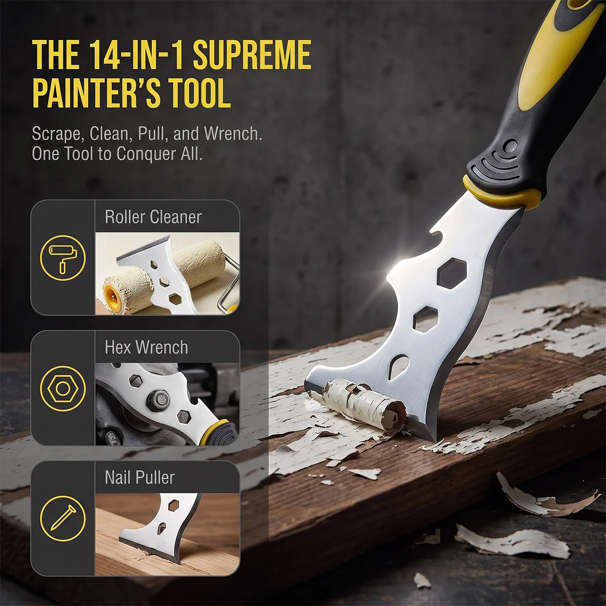 14‑in‑1 Multi‑use Stainless Steel Putty Knife, Paint Scraper & Wallpaper Remover with Can Opener for Home DIY Renovation