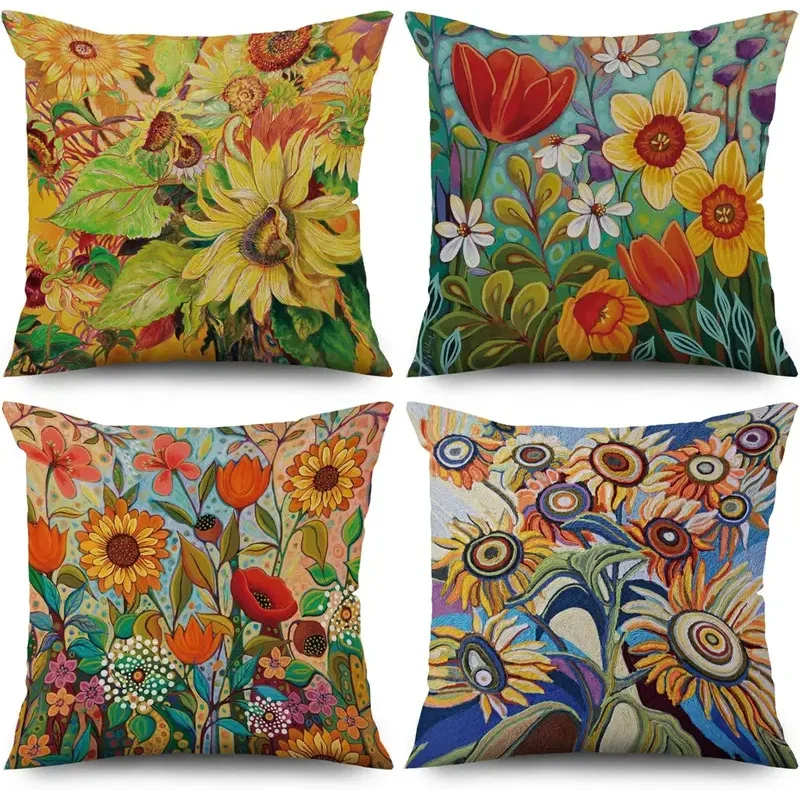 VIKAMA Bohemian Floral Cushion Cover Oil Painting Style Sunflower And Poppy Print Living Room Sofa Cushion Cover Home Decor