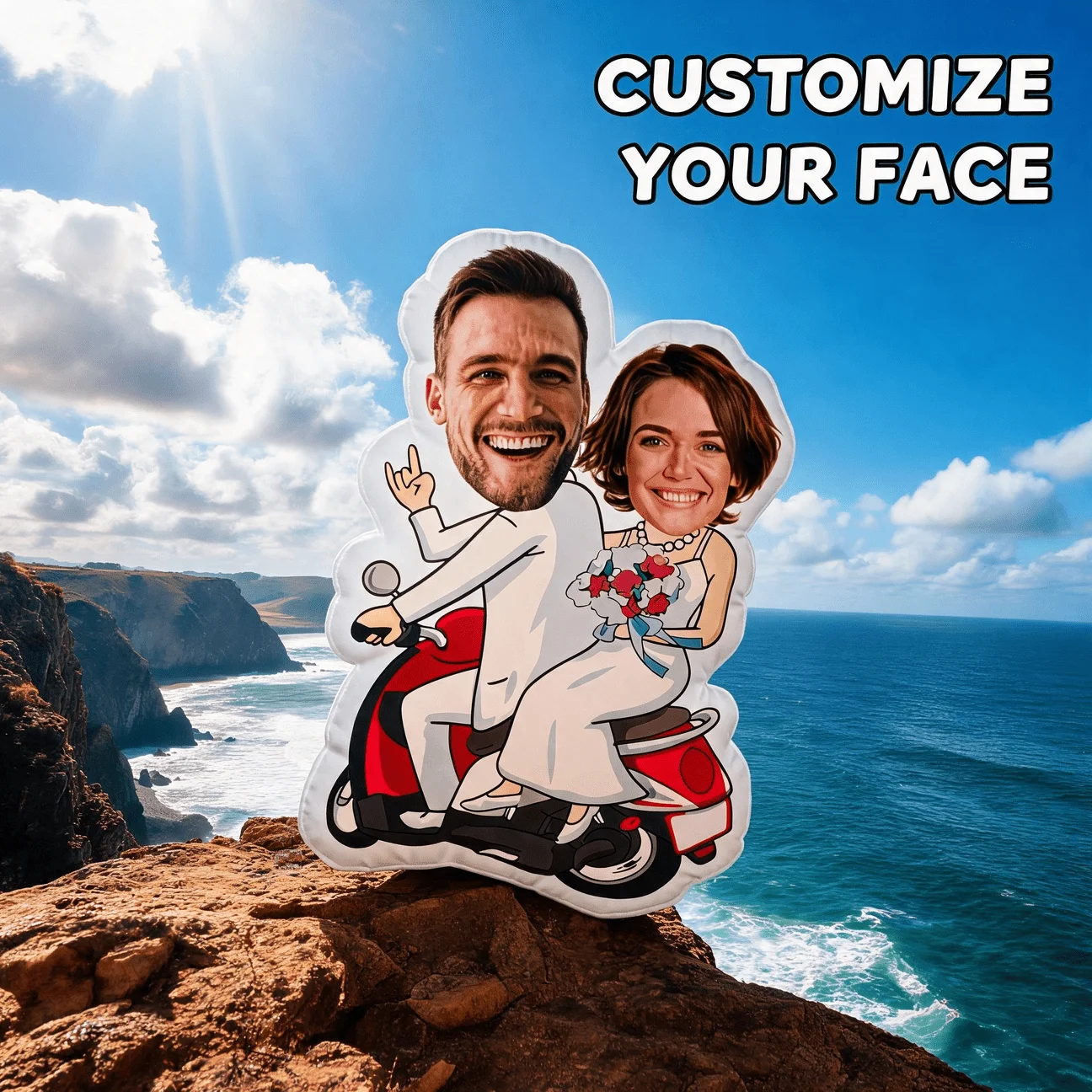 Custom Couple Photo Shaped Pillow, Personalized Wedding Scooter Face Decorative Cushion, Unique Home Decor Accent for Sofa & Bed