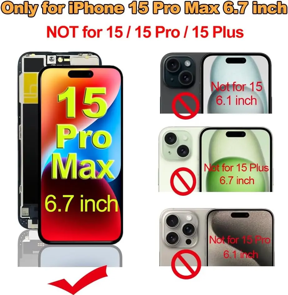 for iPhone 15 Pro Max Screen Replacement 6.7 inch,Compatible with Model A2849, A3105, A3106, A3108,Full HD 3D Touch LCD