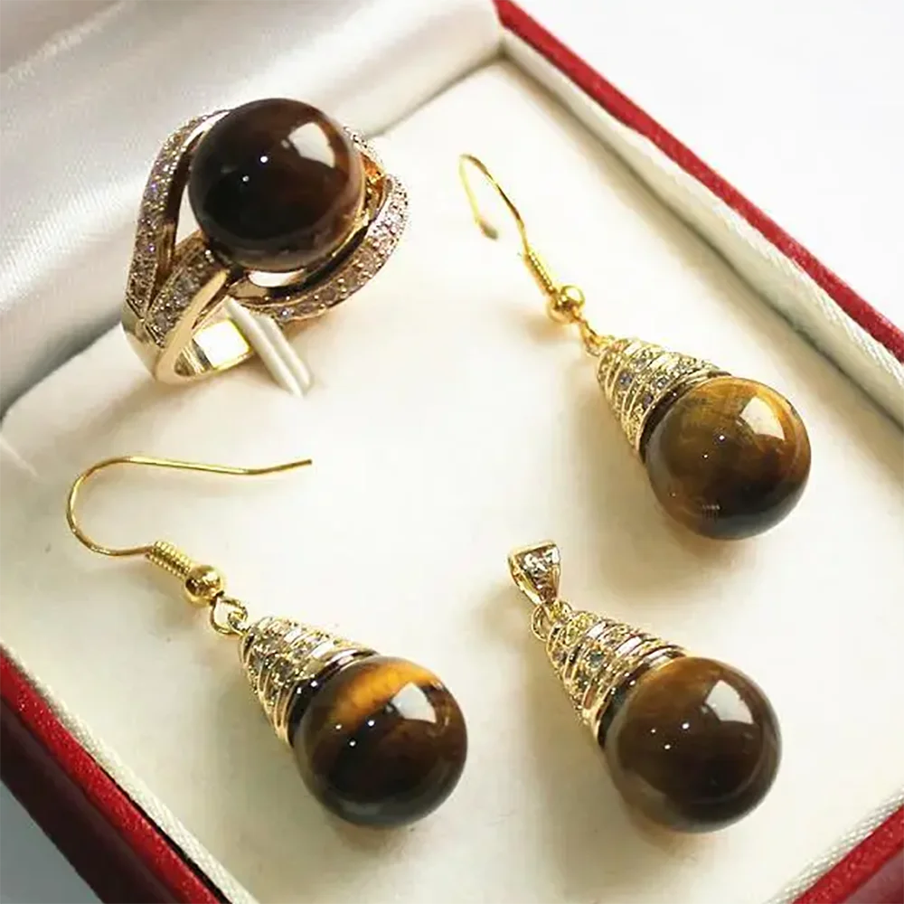 new - noble new jewelry 18KGP + 12mm tiger eye stone pendant, earring, , ring set