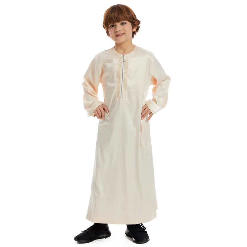 Robe musulmane à manches longues pour garçons, Thobe Abaya, Arabie saoudite, Kaftan islamique, Fermeture à glissière, Arabe, Dubaï, Robe avec poches