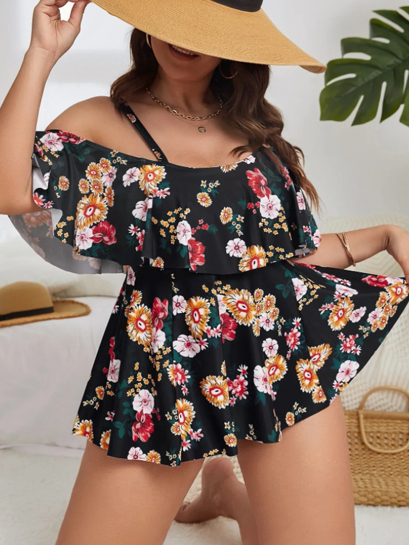 طباعة كشكش حجم كبير ملابس النساء Tankini المايوه ملابس السباحة الكبيرة السمين متعرج ملابس بحر سيدة ثوب السباحة 5XL #4