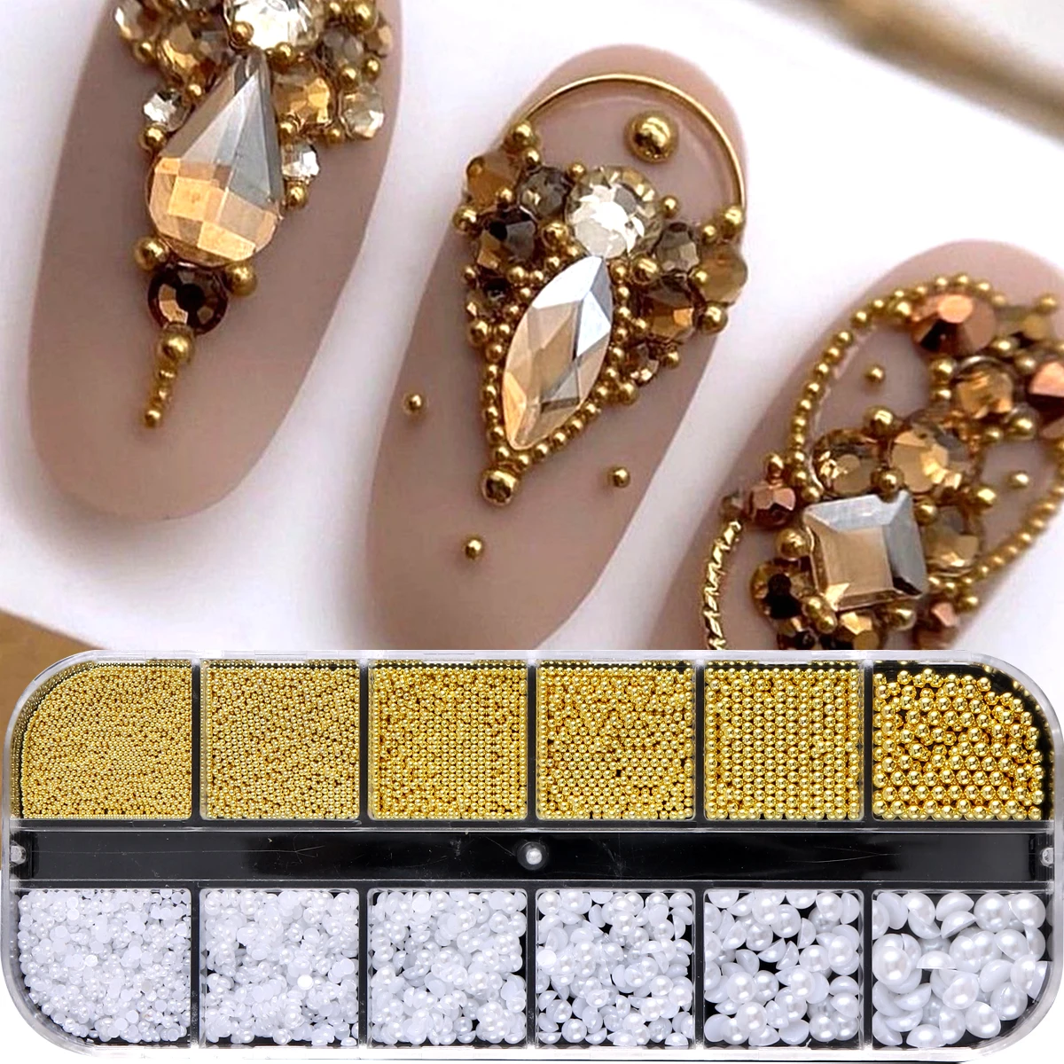 Gold Micro Caviar Beads & White Half Pearls Nail Art Decorations Tiny Round Metal Ball Beads, 3D Nail Charms DIY Manicure Access