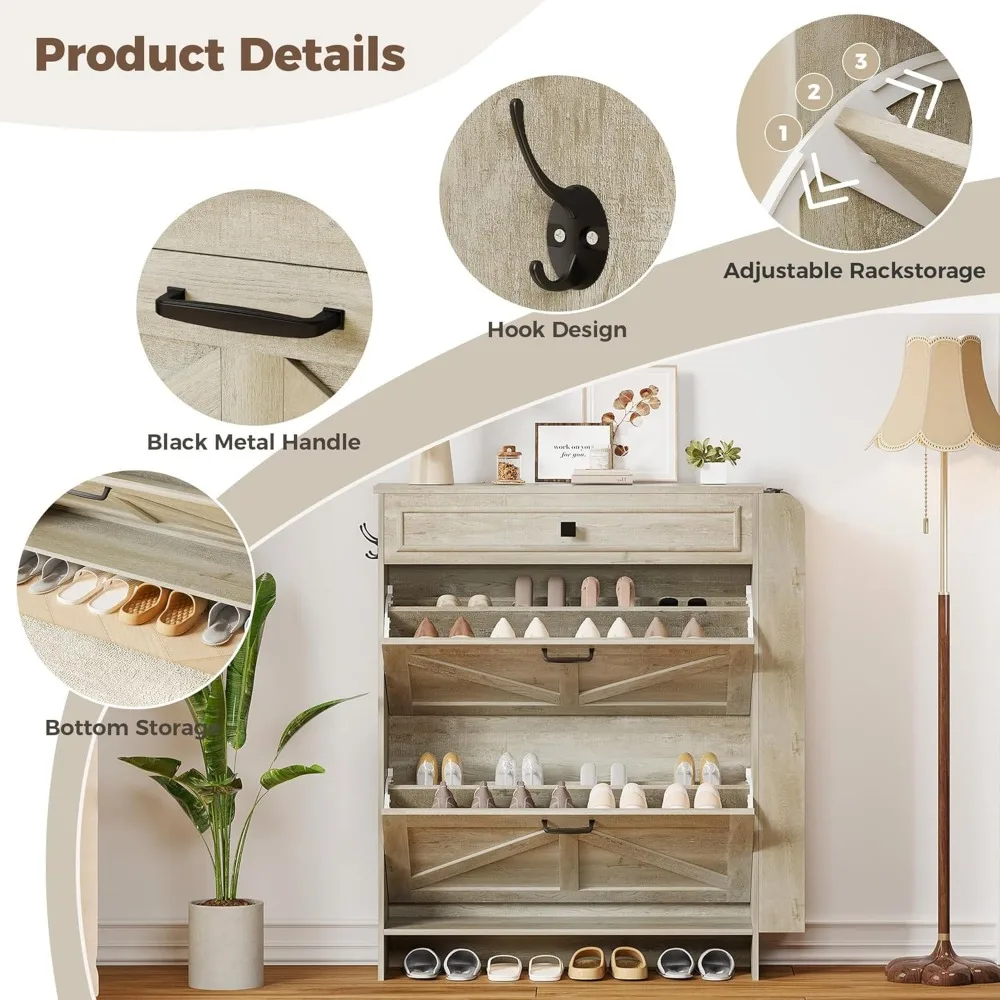 منظم خزانة الأحذية قائم بذاته مع أدراج قابلة للطي وتصميم باب الحظيرة، وخزانة تخزين للأحذية مع أدراج ورفوف #6