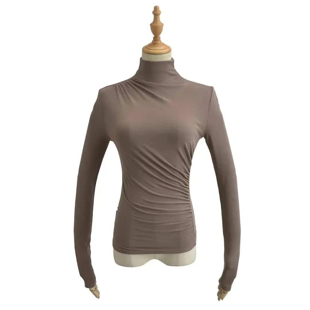 Sexy plissado base cabida irt f gola alta elástica fce forrado camiseta feminina faionable busin longo sve poliéster