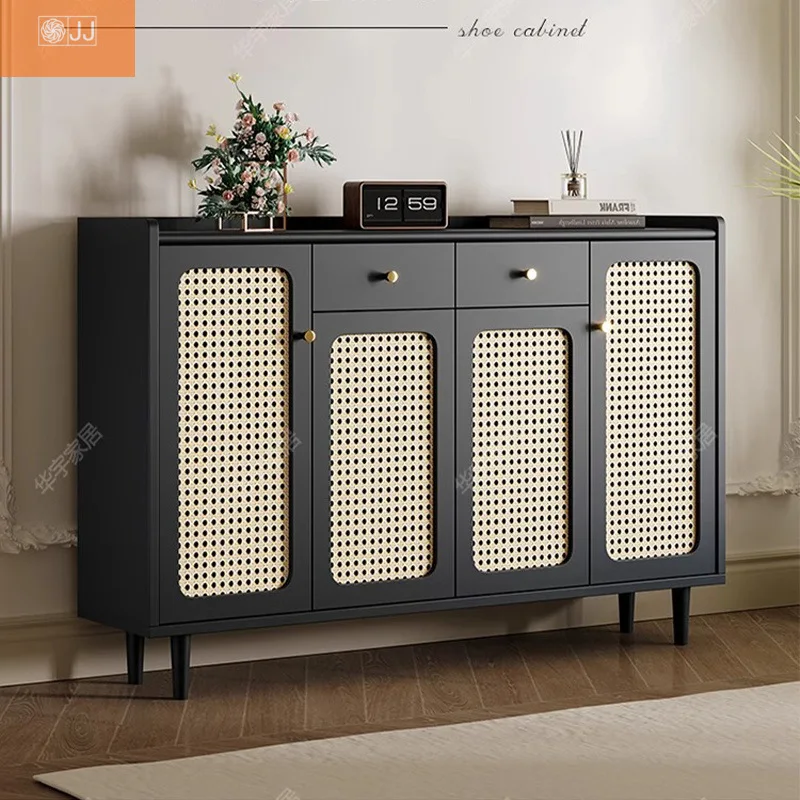 خزانة أحذية منزلية سوداء، خزانة تخزين شرفة باب المنزل مدمجة على الحائط، خزانة روطان سوداء 2024 جديدة