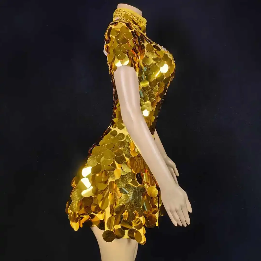 Gold Sequins ผู้หญิง Shinning ชุดแขนสั้น Carnival Bling Dancer เชียร์ลีดเดอร์ลาสเวกัส Showgirl ชุดลาก Queen