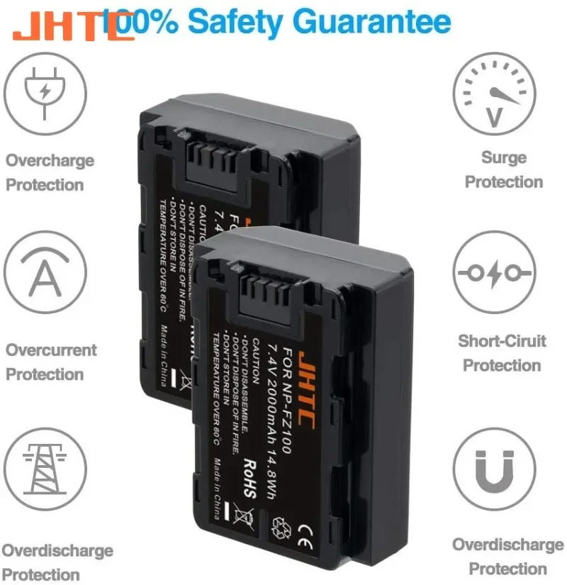 JHTC NP-FZ100 NP FZ100 2000mAh Battery For Sony A9 A9R 9R Alpha9 A7R III A7 III Fully ILCE-7RM3 BC-QZ1 FZ100 Batteries Charger