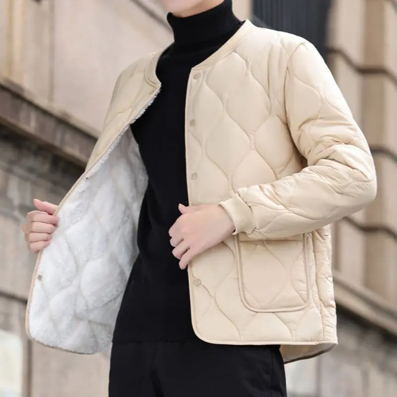 Mens Round Collar Fleece Lined Liner Jacket Snap Button Warm Inner Wear Quilted Coat Plus Size Casual Winter Base Outerwear