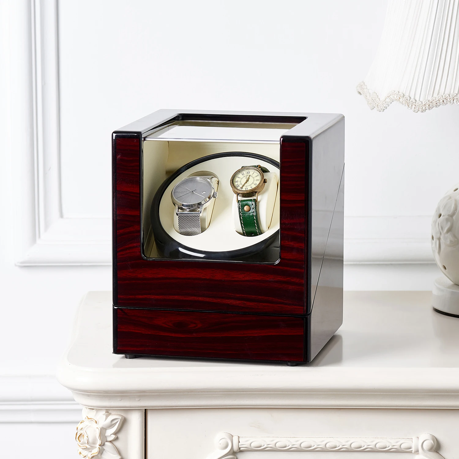 Double Watch Winder Automatic Rotation Wood Display Case Storage Organizer