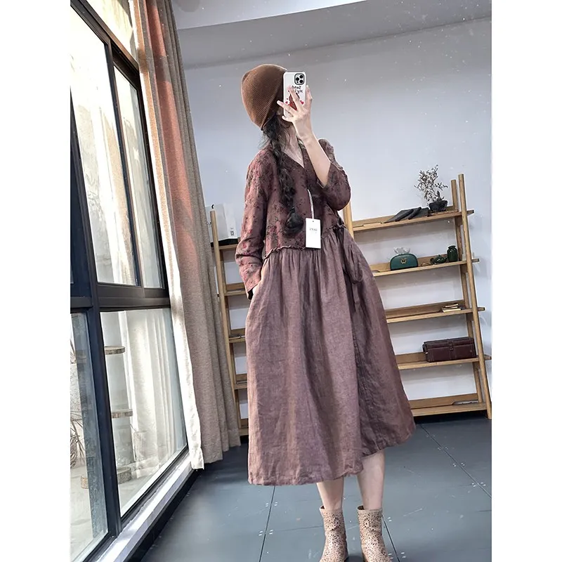 2023 Spring Summer New Arts Style Women V-neck Loose Long Dress Patchwork Design Cotton Linen Vintage Print A-line Dresses P251