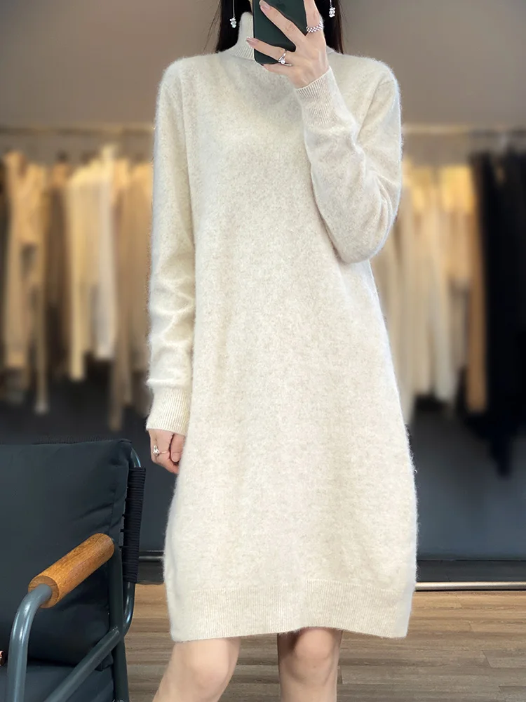 

Aliselect 100% Mink Cashmere Knitted Dress Women High Lapel Fasion Sweater Pullover Turn-down Collar Cashmere Knee Length Dress