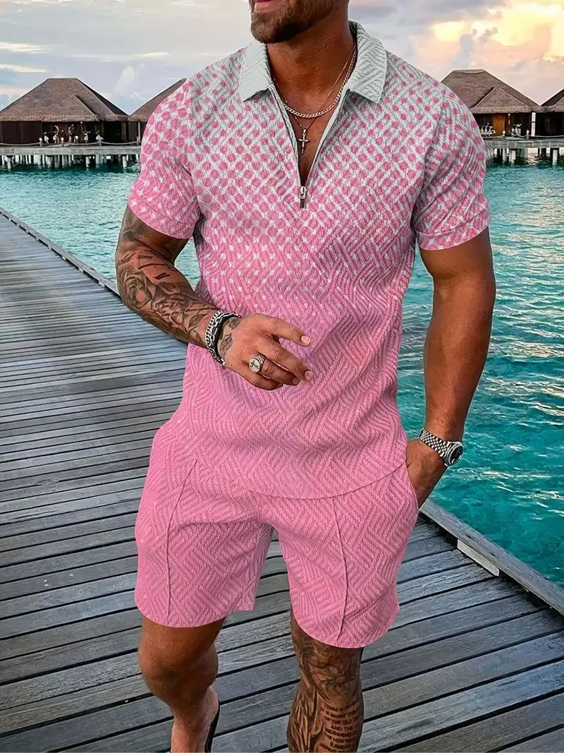 Summer Sequin Splicing 3D Print Men\'s Zipper Collar Tracksuit Trend Polo Shirt Fashion Shorts 2pcs Sets Men\'s Streetwear Set