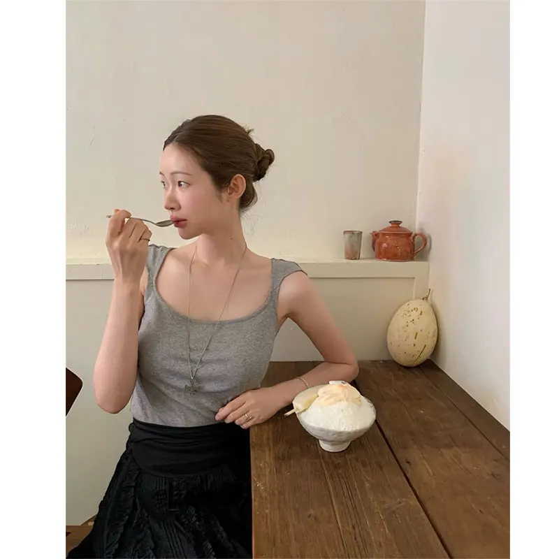 

Ele Faionable Slim Fit oulder Sve Square Collar T-irt Women Summer Pure Color Selfwill Trendy Casual Top