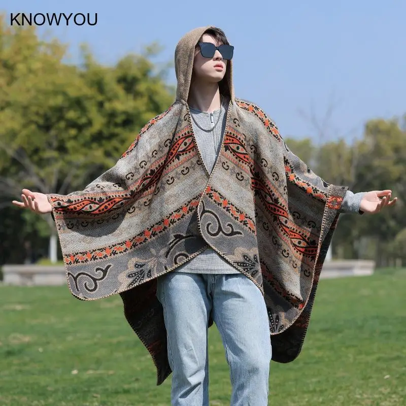 

Bohemian Artistic Ethnic Style Men Shawlwarm Artificial Cashmere Pashmina Male Hooded Jacket Cloak Autumn New Manteau Jacket