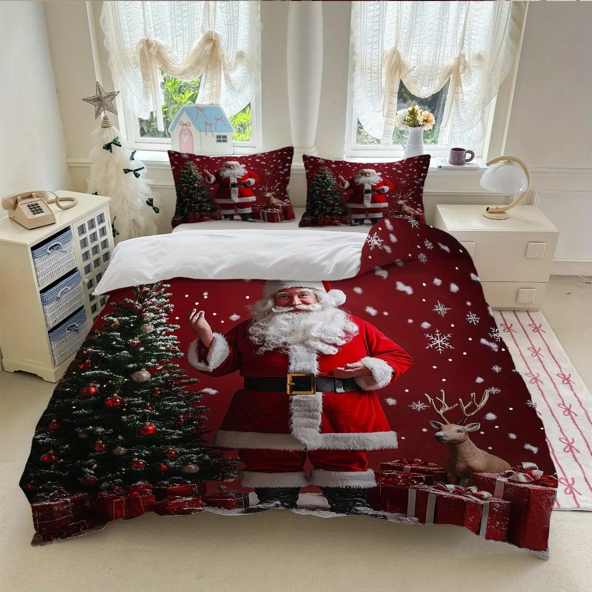 Santa Claus Red Duvet Cover Set + Snowflake Tree Bedding Set - Queen Size (1X Duvet Cover + 2X Pillowcases) - Machine Washable All Seasons - Invisib
