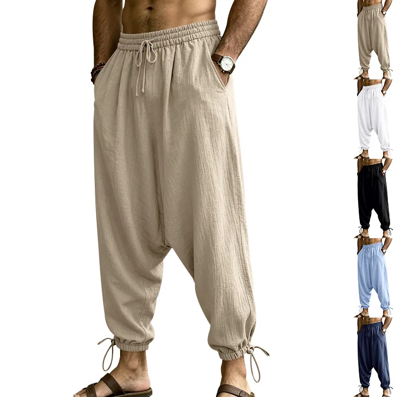 EU US Autumn Linen Drop Crotch Harem Joggers, Men Drawstring Loose Wide Leg Beach Vacation Casual Pants Wholesale