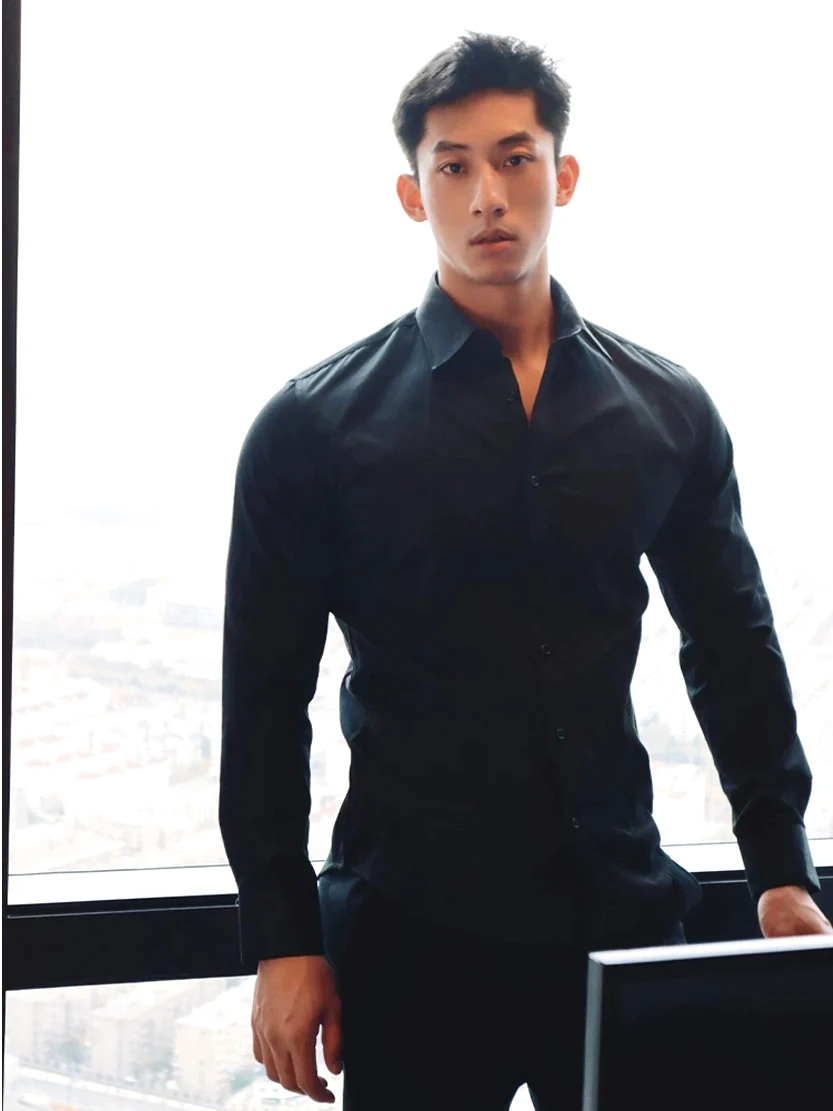 

Black Ice Silk Long Sleeve Shirt Men's American Hard Man Style Casual Workwear Sport Shirt Durable Youth Trend Spring Autumn
