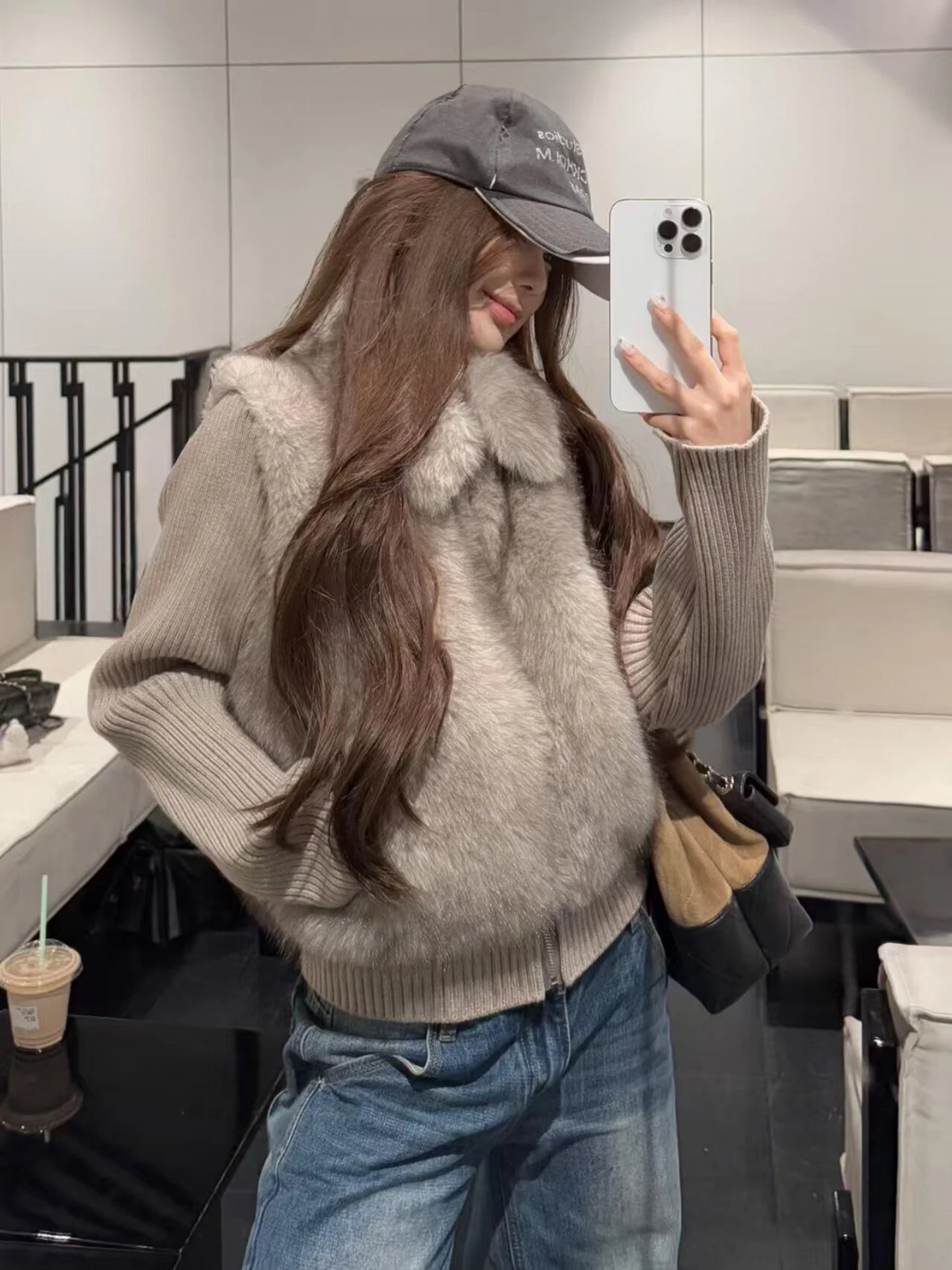 Short Knitted Sleeve Detachable Fur Cotton Jacket Women's Small Size Cotton Clothes Autumn Winter New Style Commute Style