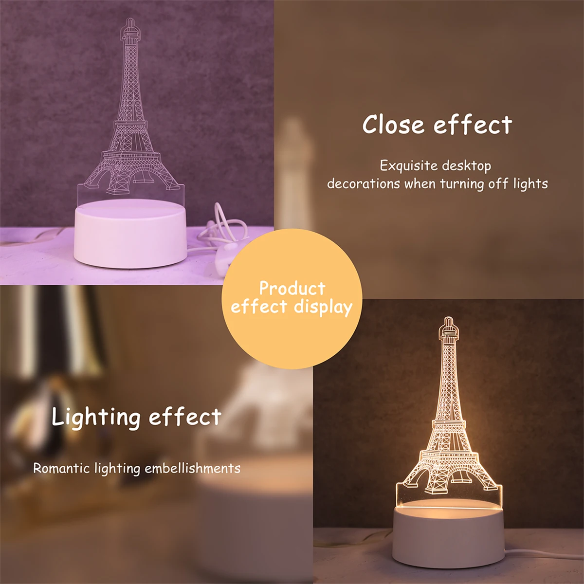 3D monochromatic Eiffel Tower acrylic small night light LED atmosphere decoration night light suitable for bedrooms, study rooms