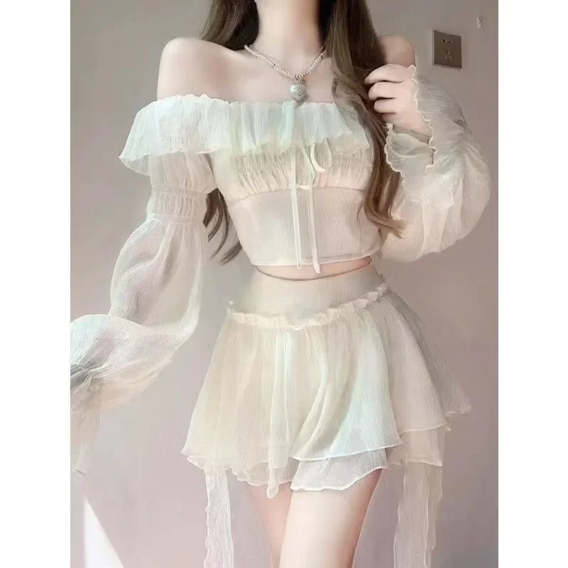 Sweet One Shoulder Top Fluffy Skirt Two Piece Set Korean Ruffle Waist Lace Up Spicy Girl Fashion Solid Summer College Slim Suit