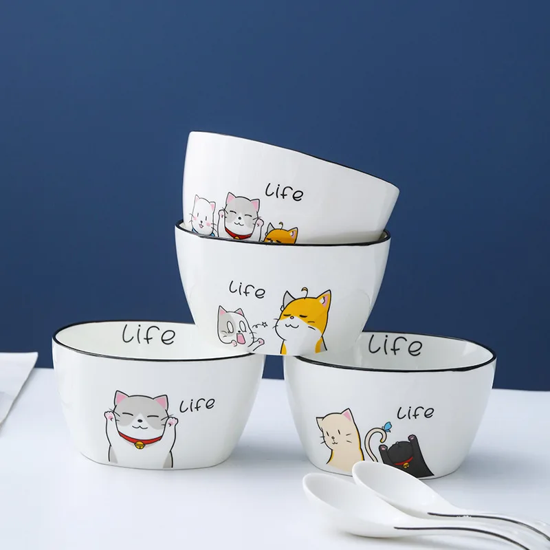 

Japanese style ceramic soup bowl cartoon cat household rice bowl underglaze color salad bowl Japanese style