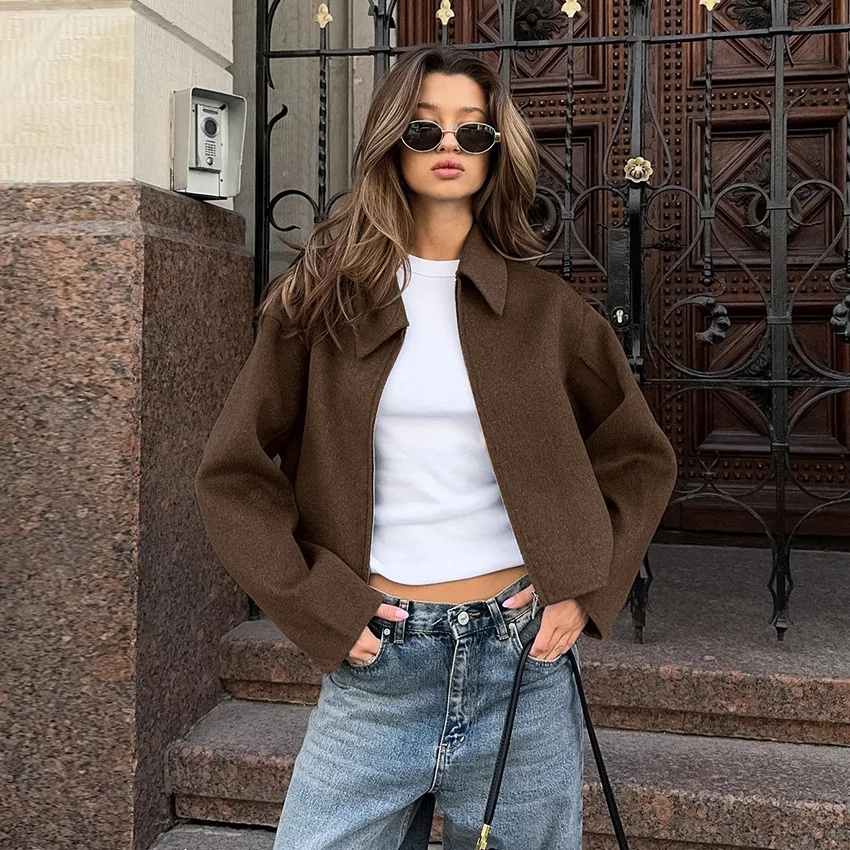 

Women's Jackets Solid Color Loose Casual Lapel Long-sleeved Zipper Woolen Jacket Autumn and Winter Fashionable Coat
