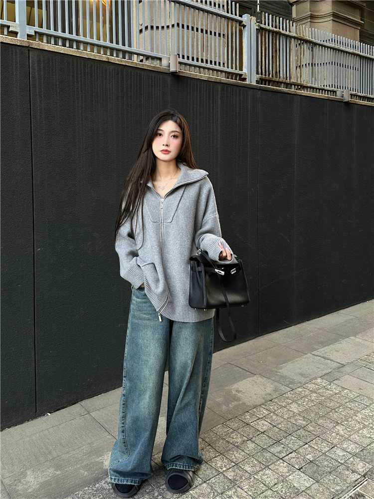 

Зимняя повседневная толстовка Qian an an с высоким воротником на молнии, теплая свободная женская верхняя одежда в уличном стиле