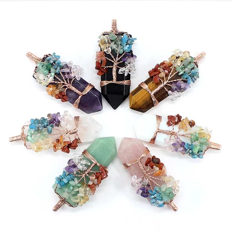 Natural Stone Pendant 7 Chakras Tree Of Life Wire Wrap Sword Crystal Quartz For Jewelry Making Men Women Necklace Accessories