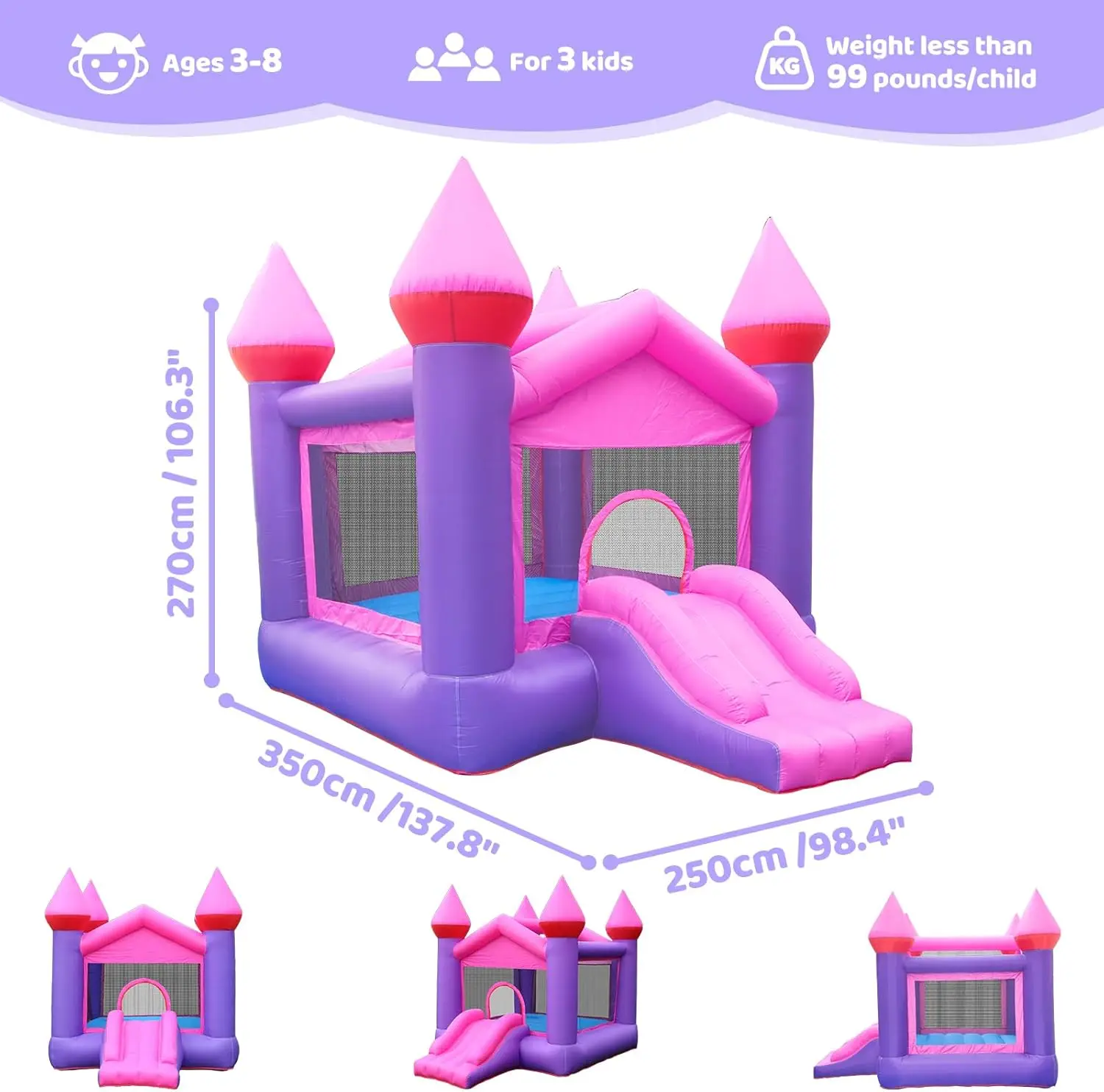 Hüpfburg, aufblasbares rosa Hüpfhaus für Kinder von 3–6 Jahren, Hüpfburg mit Rutsche für große Kinder, aufblasbare Hüpfburg, Hüpfburg