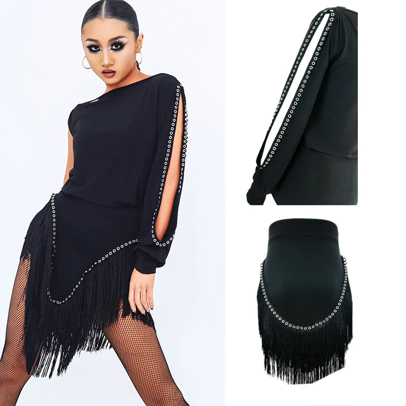 

Новая одежда для латинских танцев, топы с разрезом и длинными рукавами, сексуальная юбка с бахромой для взрослых, ча-ча, румба, самба, танцевальное платье для выступлений DNV25925