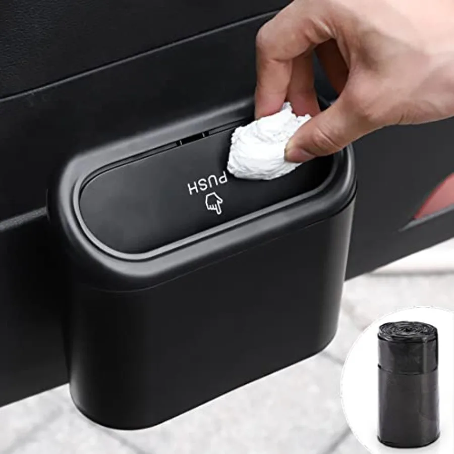 

Car Trash Can with Lid, Mini Auto Dustbin Garbage Organizer with 30 Pcs Plastic Trash Bag, Automotive Garbage Container Bin for