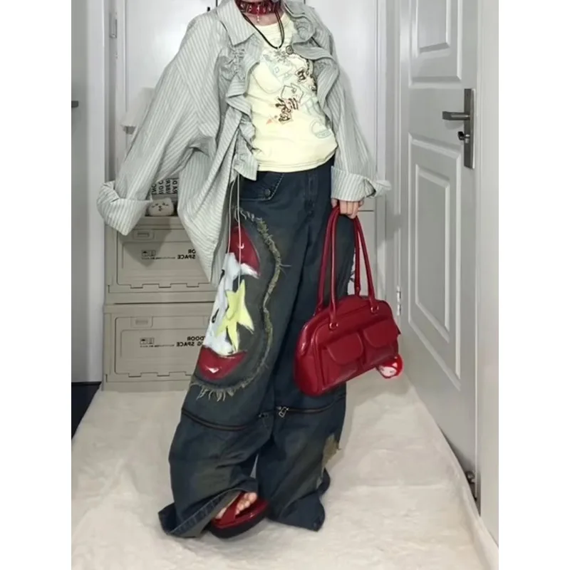 

2025 Fall Winter American Retro Plus Size Graffiti Print Cargo Jeans Women Y2K Detachable Oversized Streetwear Hot Girl Fashion
