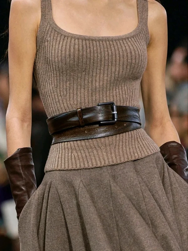 Slim Fit Knitted Sweater Vest High Waist A-Line  Skirt Long Set Square Collar Versatile Women's Hanfu Summer Collection