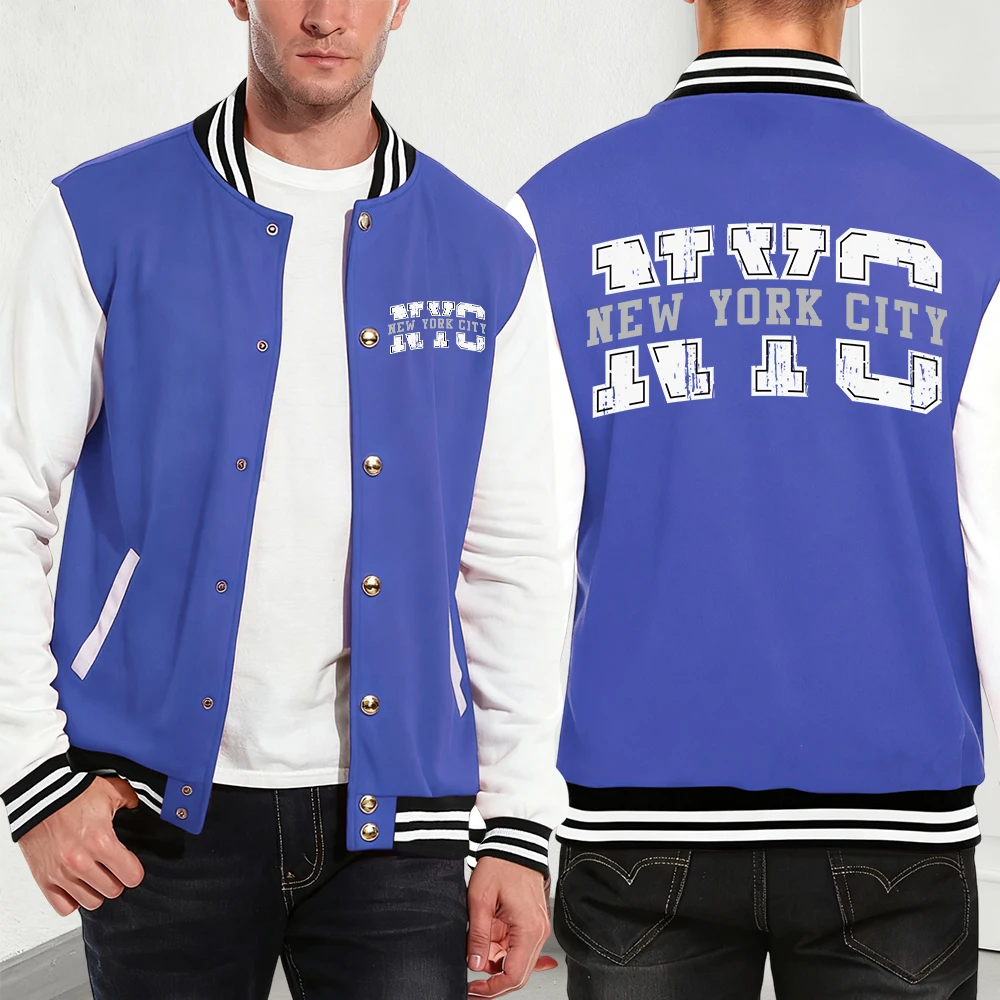 

New York City Printing Cotton Coats Mens Autumn Winter Fleece Warm Jackets Basics Pocket Baseball Jersey Fashion Men'S Clothes