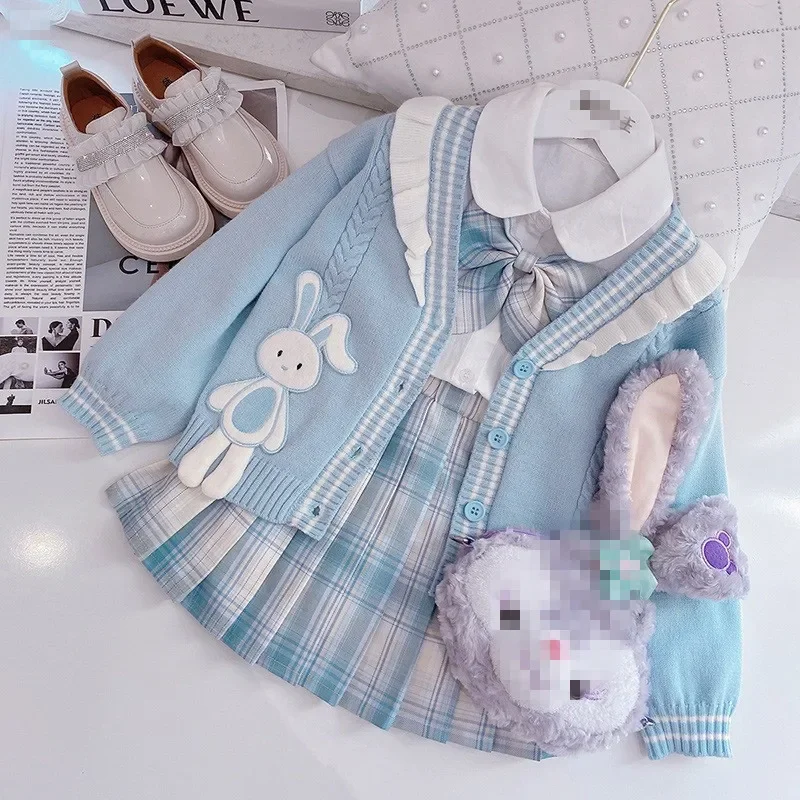 Sanrio Girls' Jk Uniform Cartoon Rabbit Plaid Skirt Cardigan Sweater Kid Clothing Spring Autumn Kawaii Shirt Pleated Skirt 3Pcs