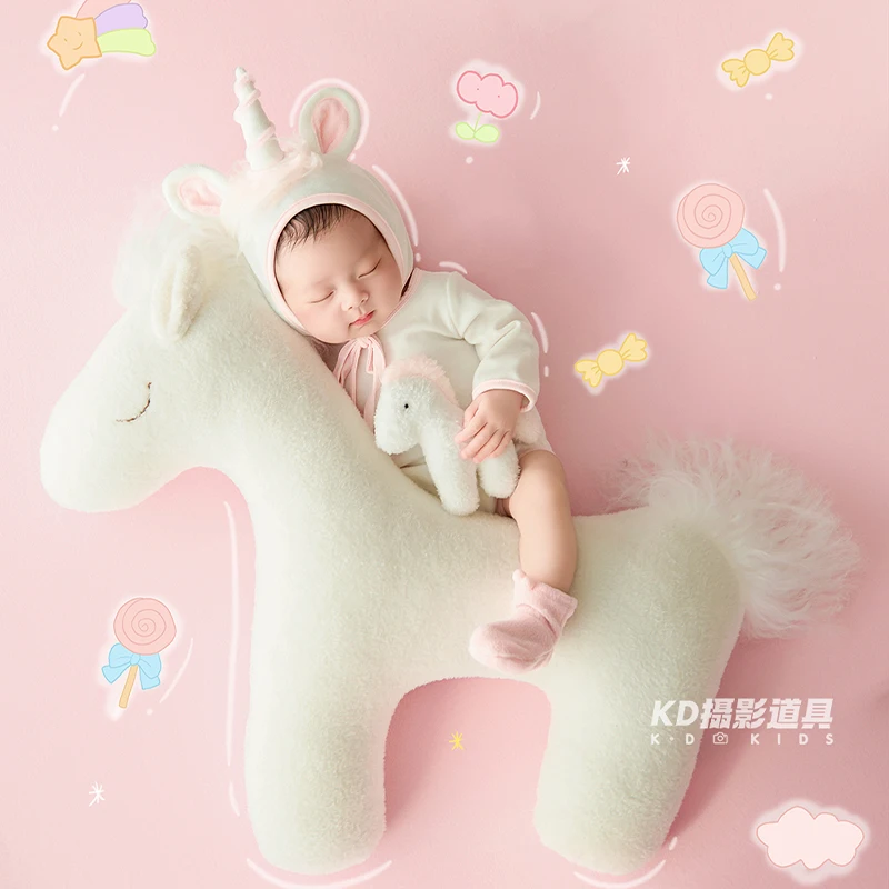 Cute Unicorn Mount Plush Toy Newborn Photography Props Soft Skin-Friendly Jumpsuit with Matching Hat Newborn Photography Outfit
