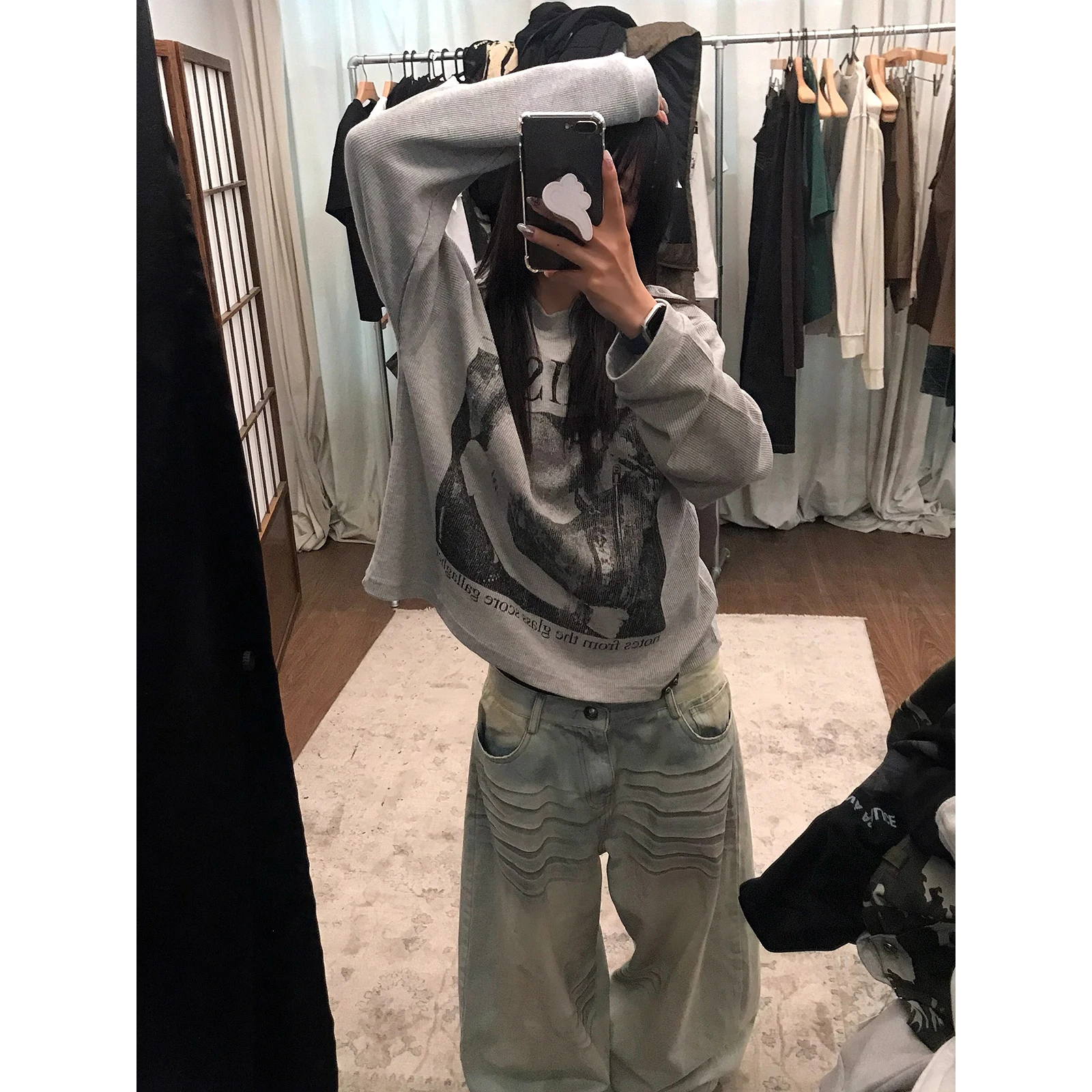 Sakura Band Cool Girl Print Grey T-Shirt Women's Hoodie Loose Versatile Casual Top Vintage Style Long Sleeve Regular Length