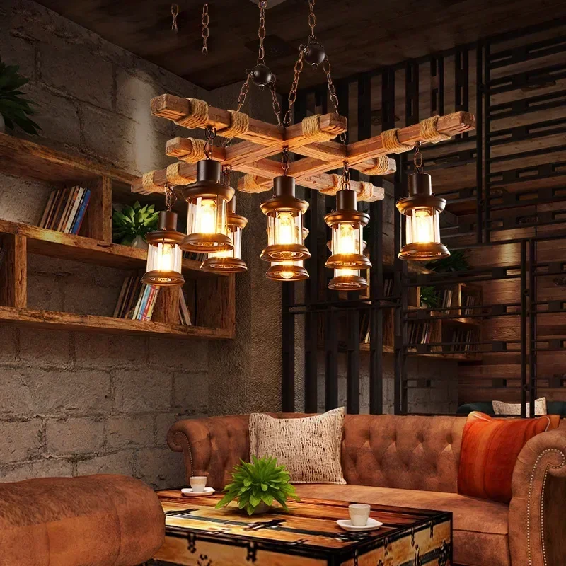 American Retro Industrial Style Chandelier Glass Solid Wood Iron Restaurant Bar Coffee Shop Boat Wood Decoration Pendent Lamp