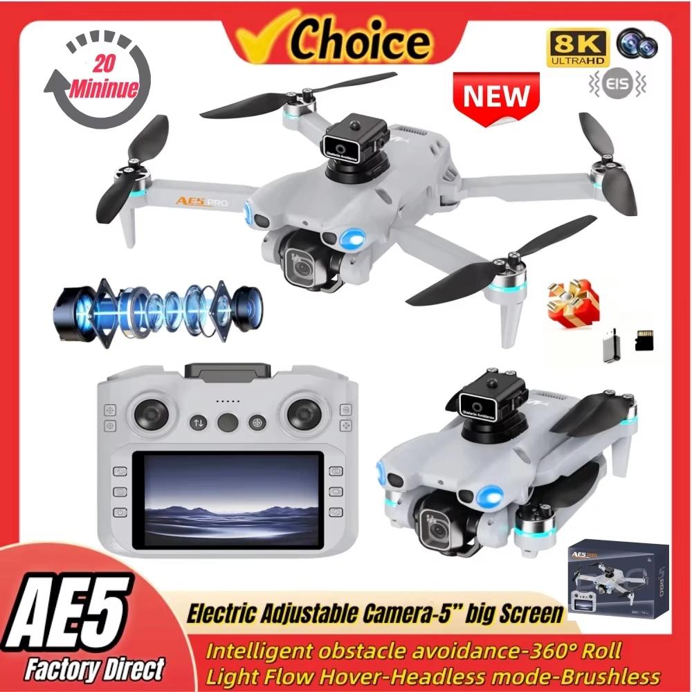 طائرة بدون طيار صغيرة 8K HD 2026 جديدة AE5 Pro مقاس 4.5 بوصة للتحكم في الشاشة بطارية 20 دقيقة وضع مقطوعة الرأس 360 درجة °   فليب كوادكوبتر هليكوبتر لعبة طفل بدون طيار