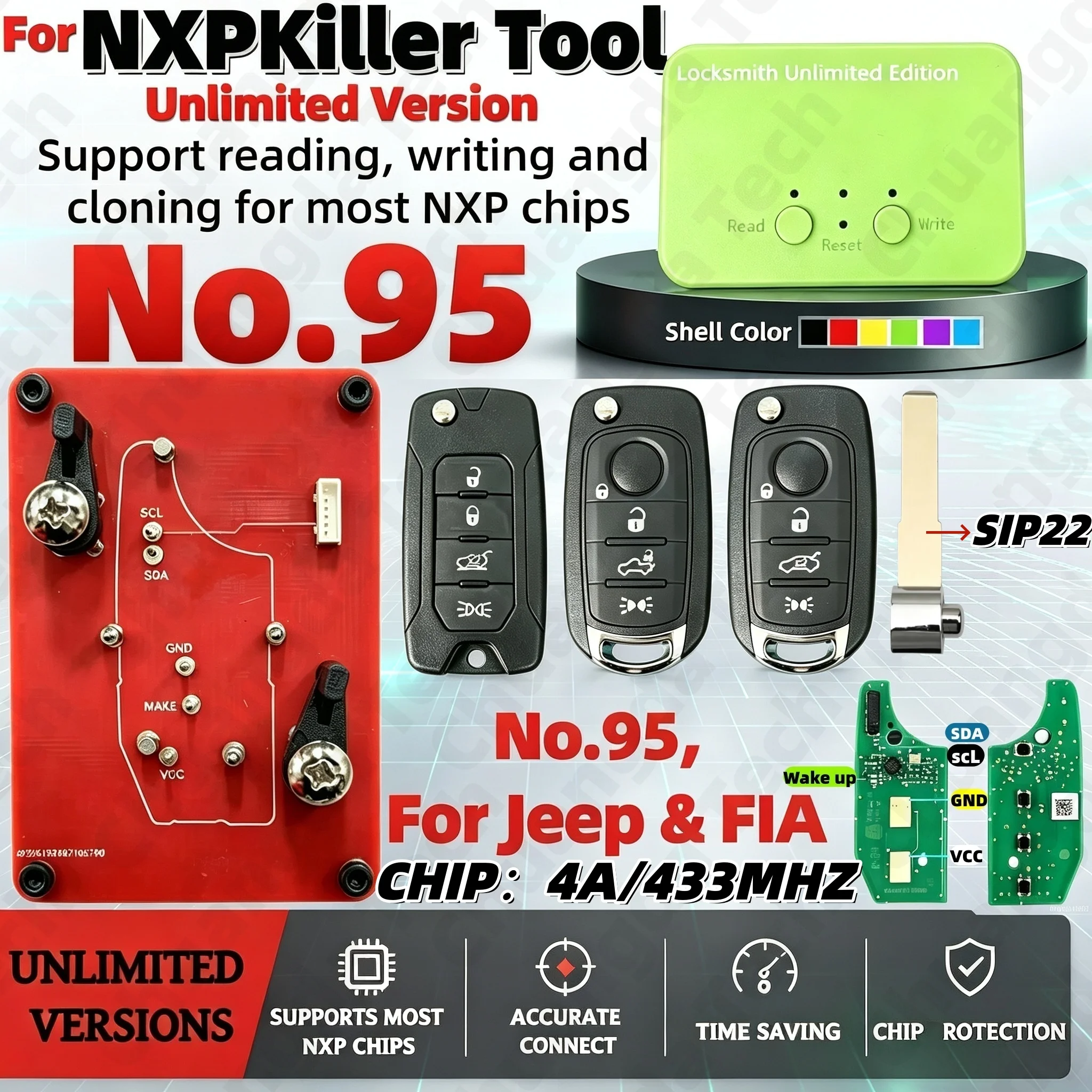 No.95, Suitable for Jeep, Suitable for Fiat Keys, Nxpkiller Reading and Copying Device Adapter Base, 4A Chip 433Mhz, Compatible with Jeep Renegade, Compatible with Fiat 500X 2016‑2018, Sip22 Key Blank