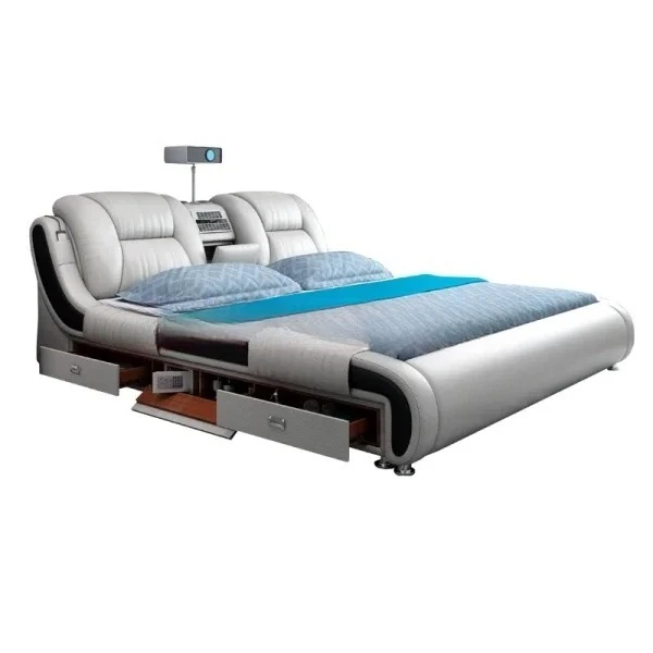#Genuine Leather Bed Multifunctional Beds Ultimate Massage Camas with Bluetooth,Speaker,Safe,Air Cleaner, Projector,Drawers